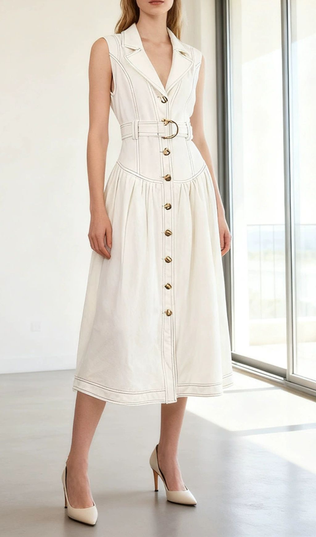 Ione Sleeveless Button-Front Denim Midi Dress | Chic & Belted Style