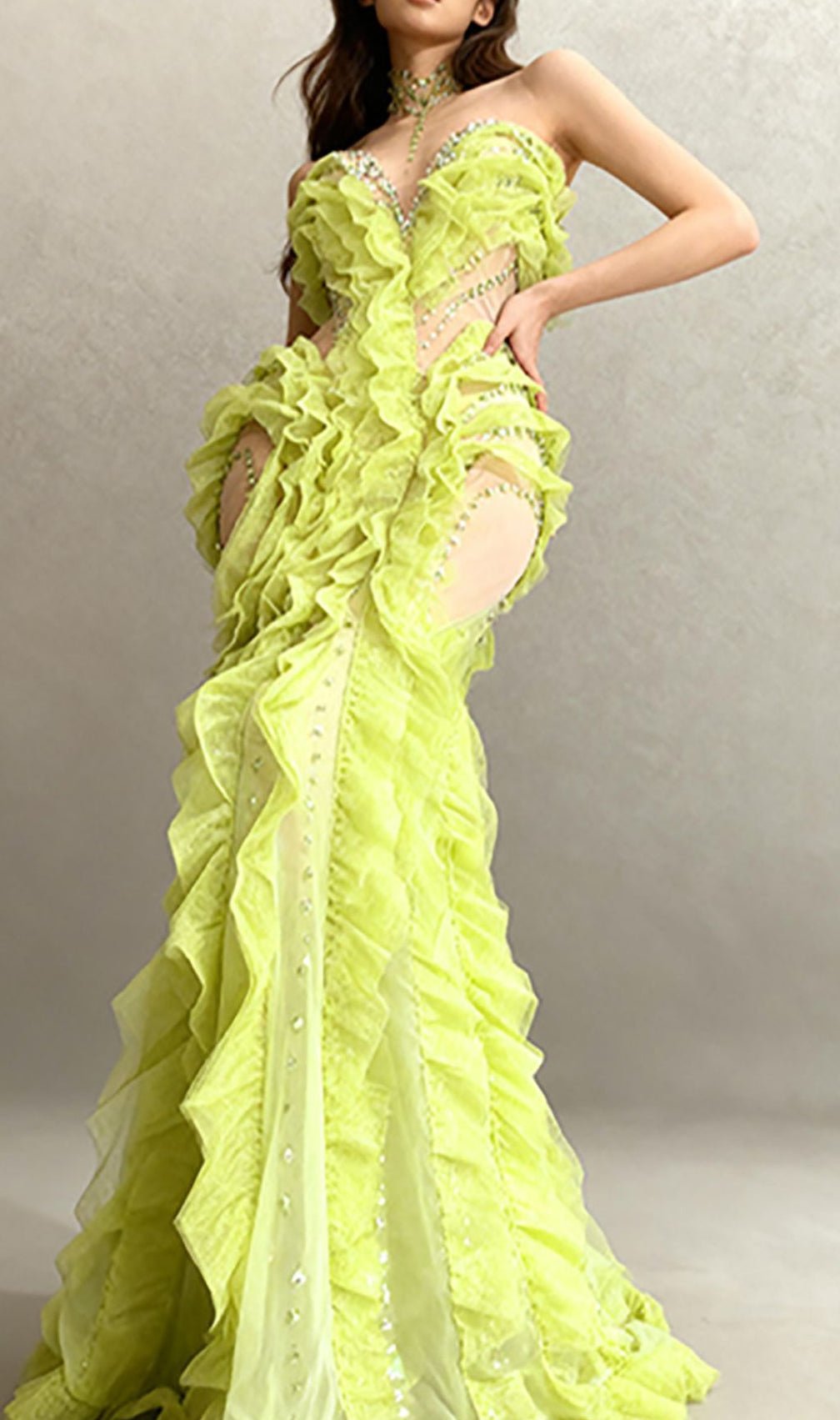 Jaela Yellow Diamante Ruffle Maxi Dress - Glamorous Strapless Gala Gown