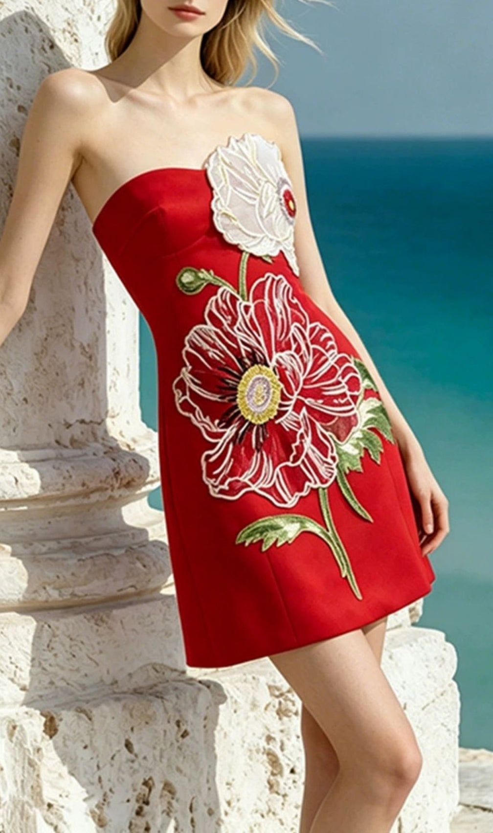 Lailah Red Strapless Flower Mini Dress