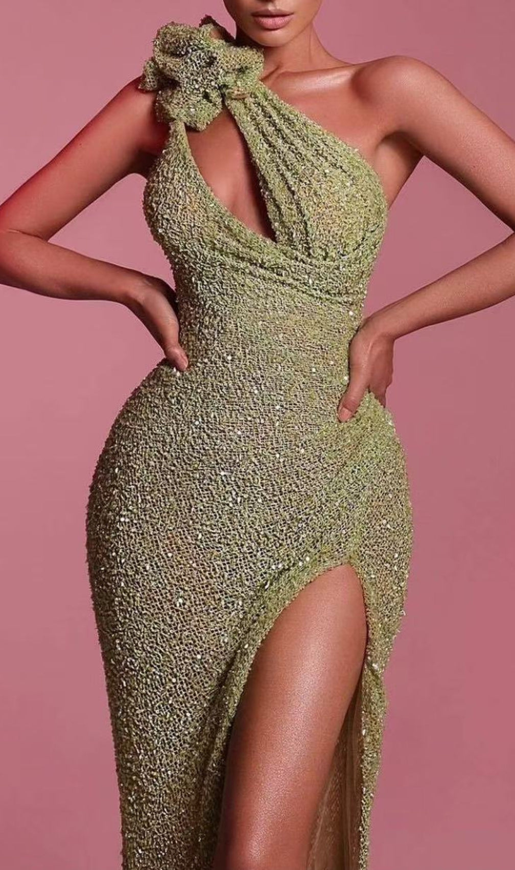 One Shoulder Floral Sequin Maxi Dress Green