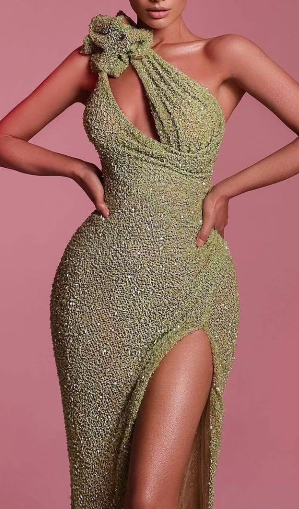 One Shoulder Floral Sequin Maxi Dress Green