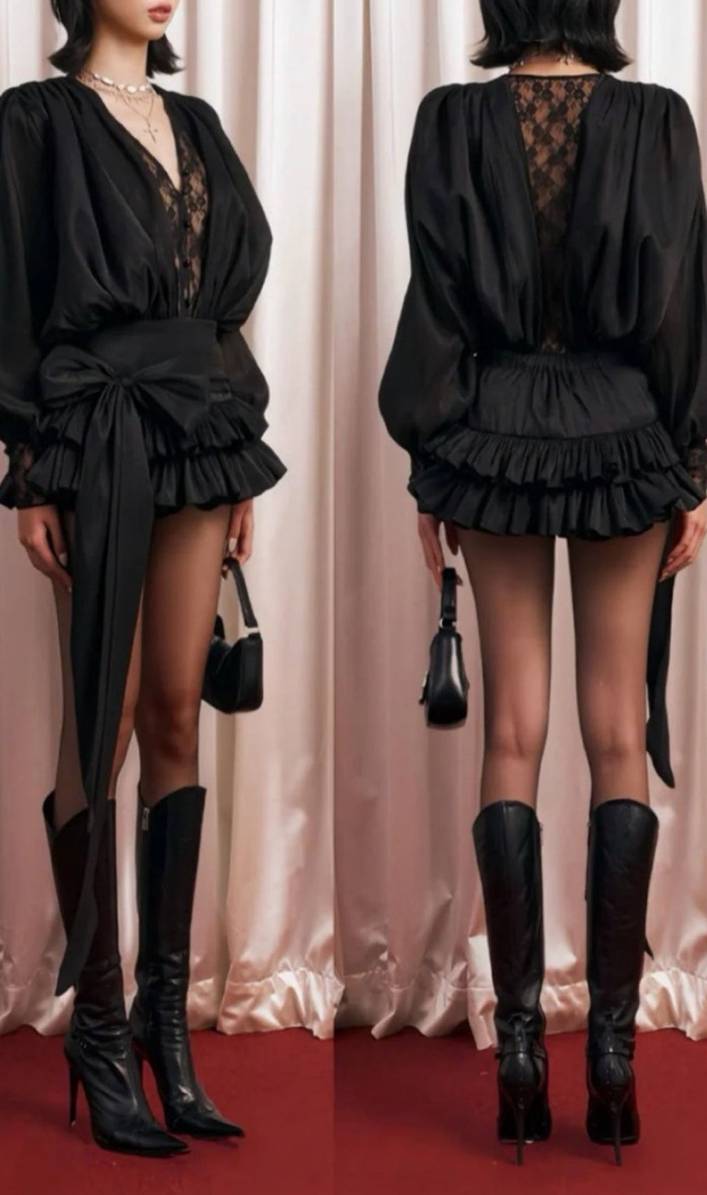 Ulaeron Black Lace V-Neck Mini Dress | Statement Bow Party & Date Night