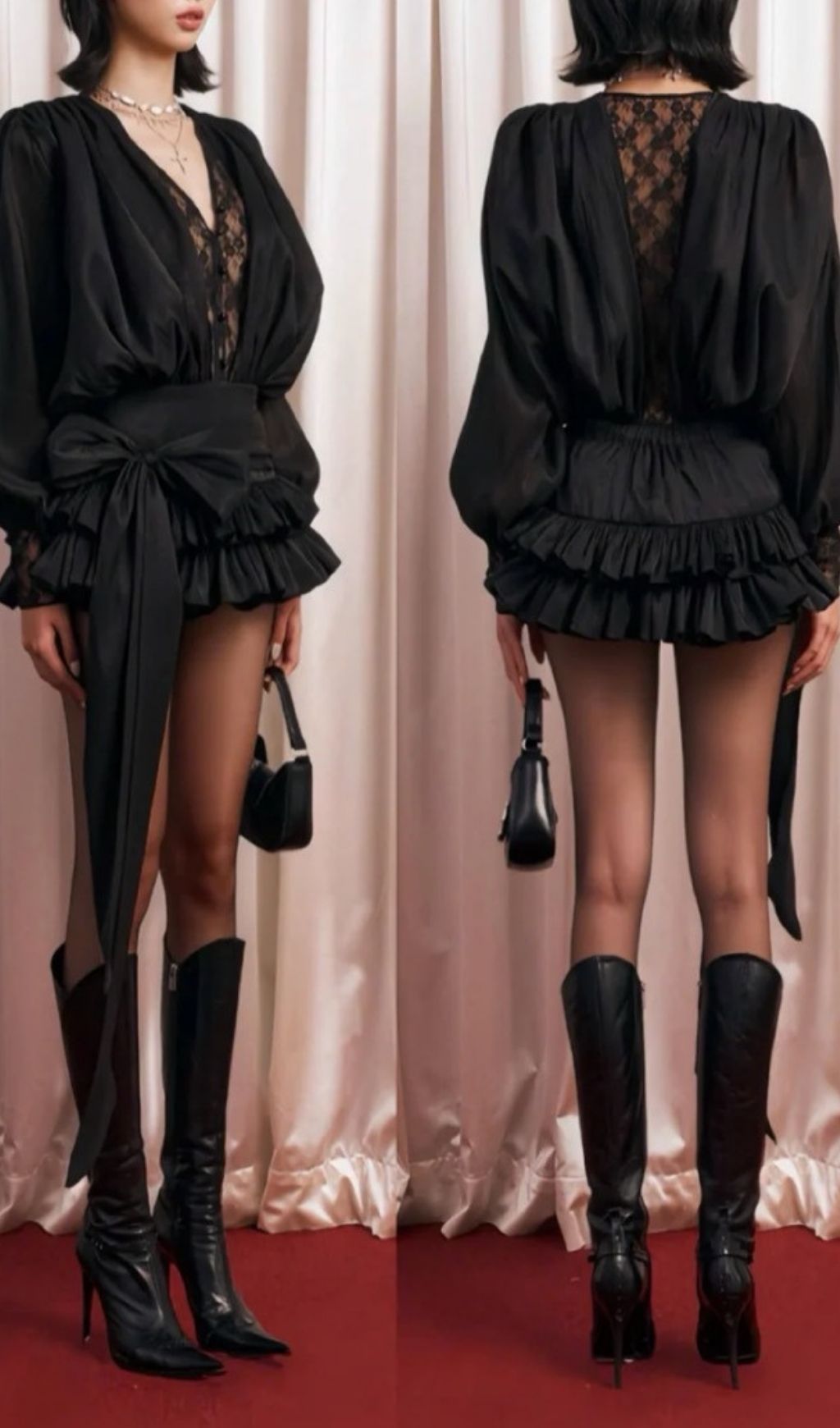 Ulaeron Black Lace V-Neck Mini Dress | Statement Bow Party & Date Night