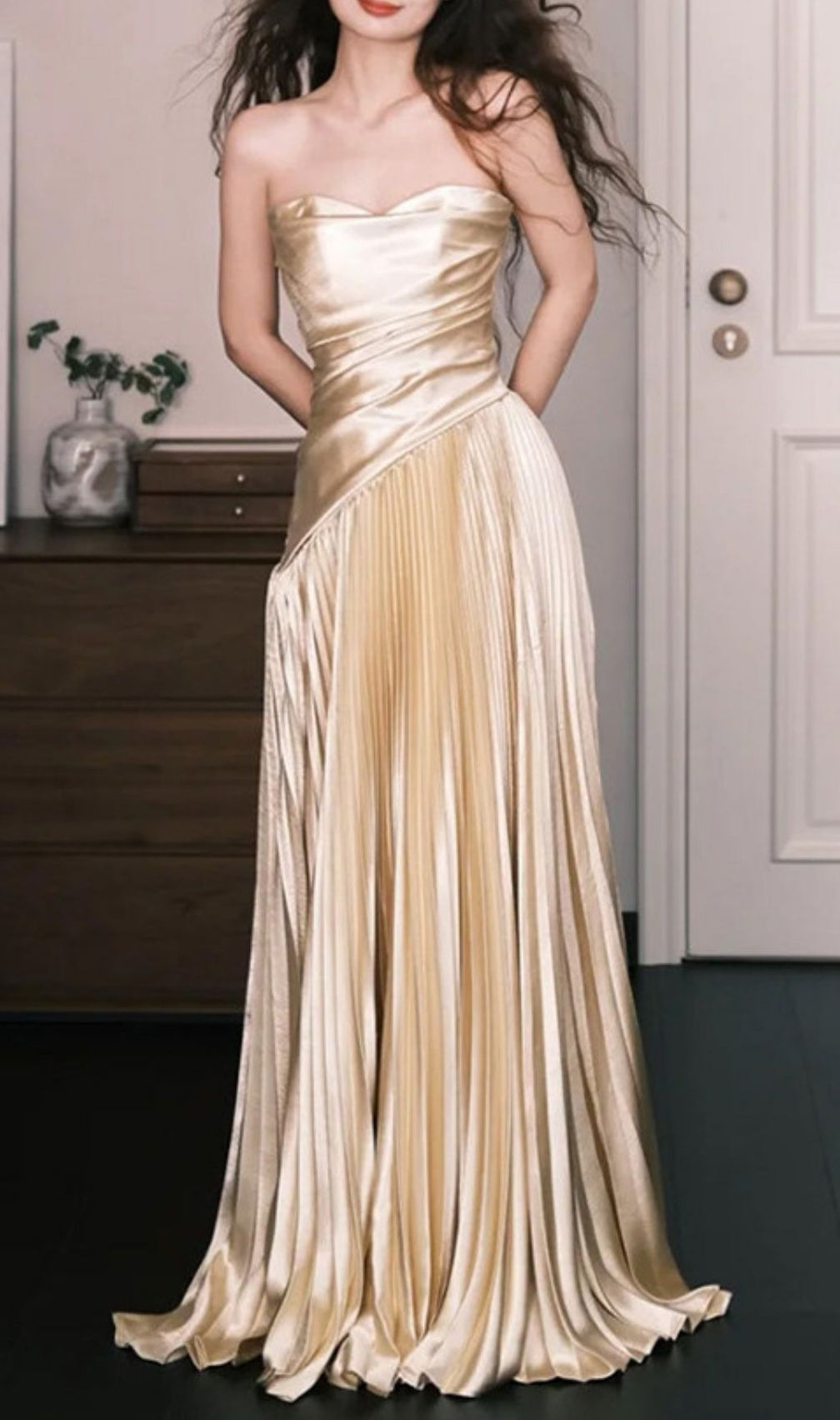 Kristy Gold Strapless Pleated Maxi Dress