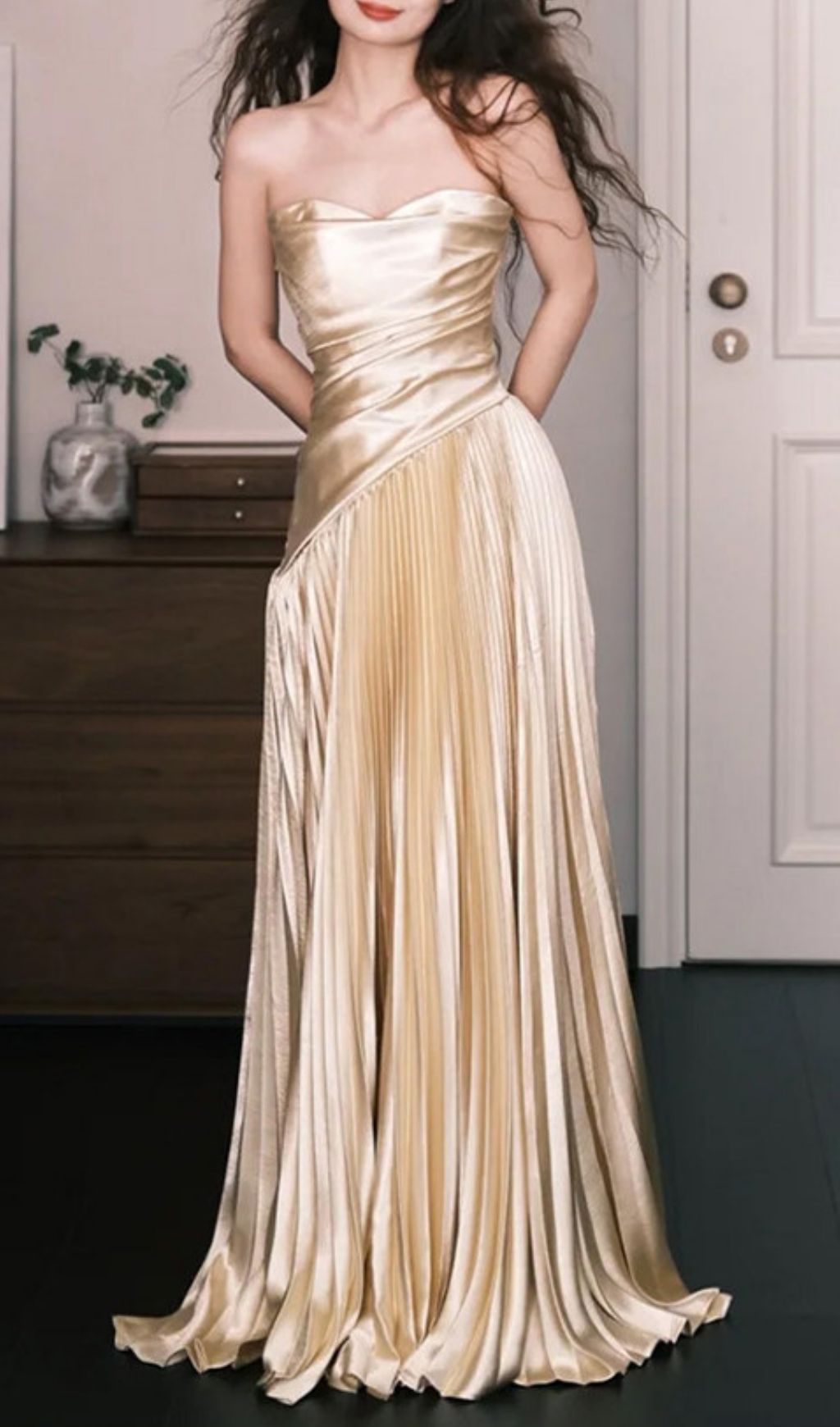 Kristy Gold Strapless Pleated Maxi Dress