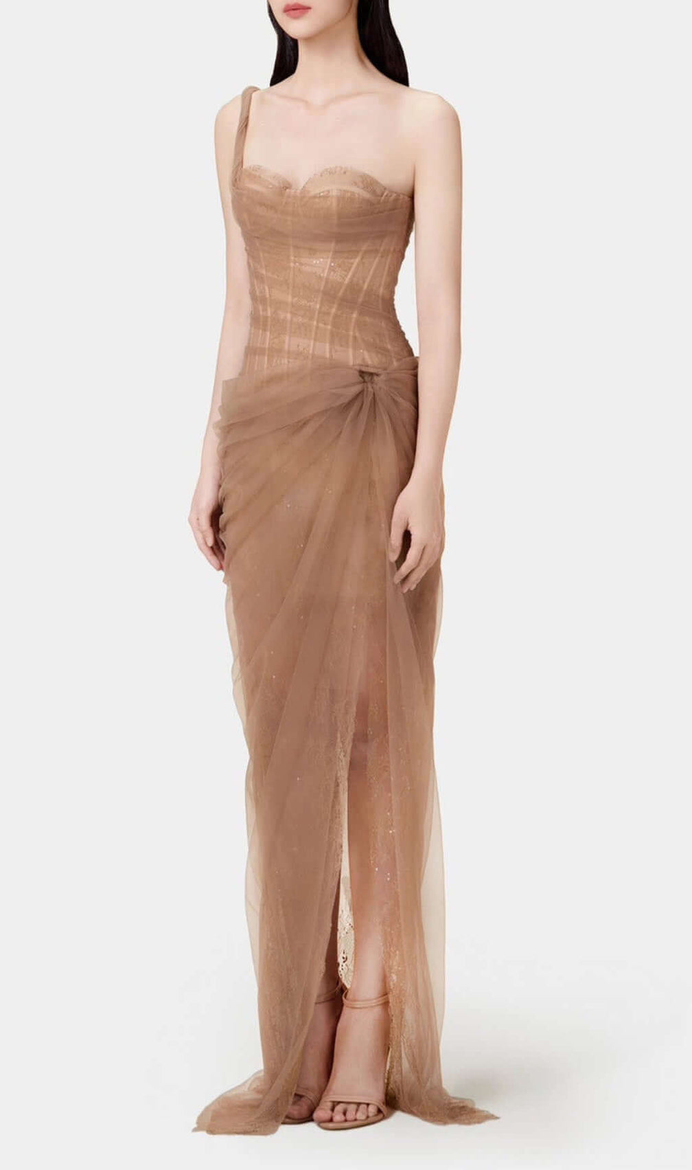 Anandi Brown Mesh Corset Maxi Dress