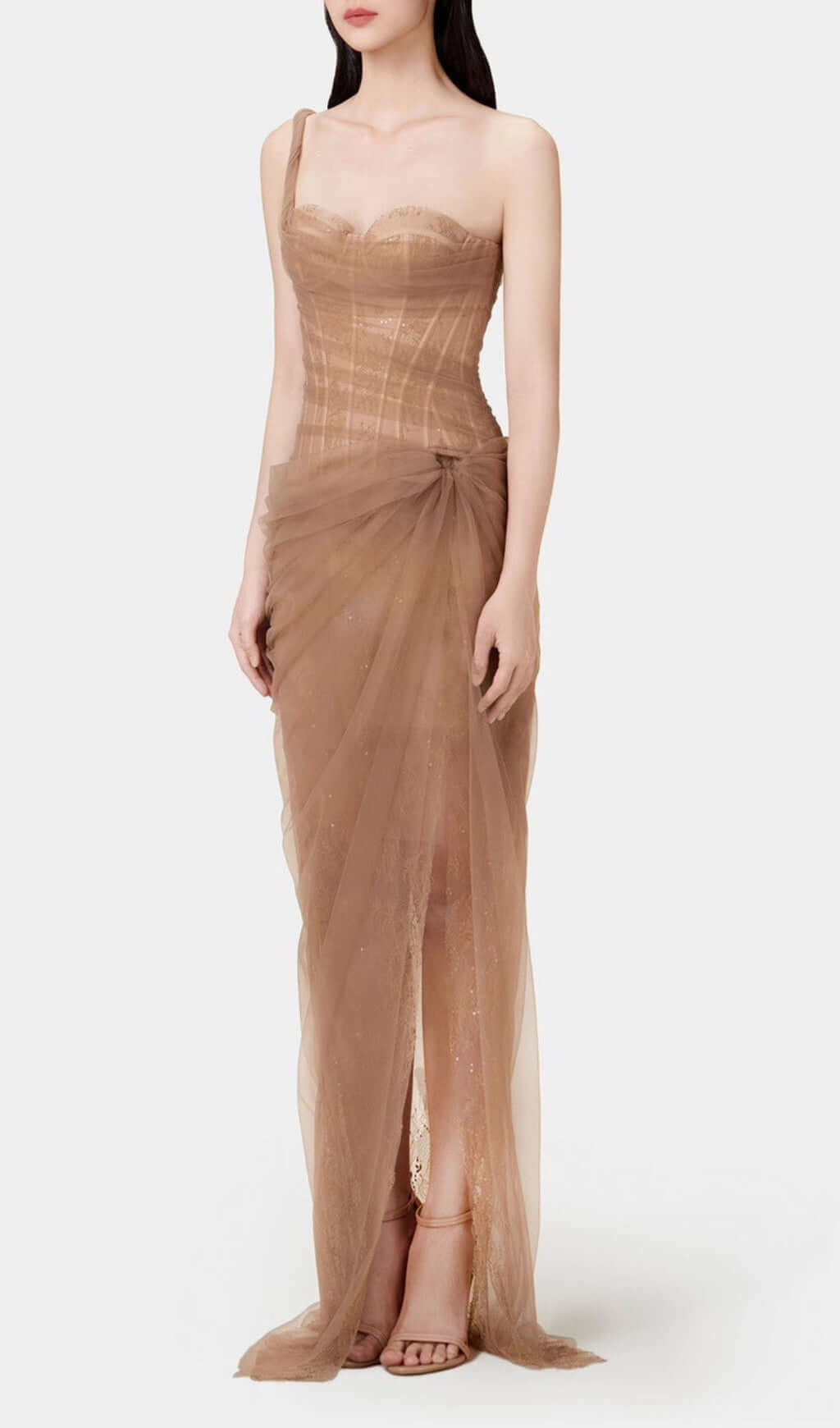 Anandi Brown Mesh Corset Maxi Dress