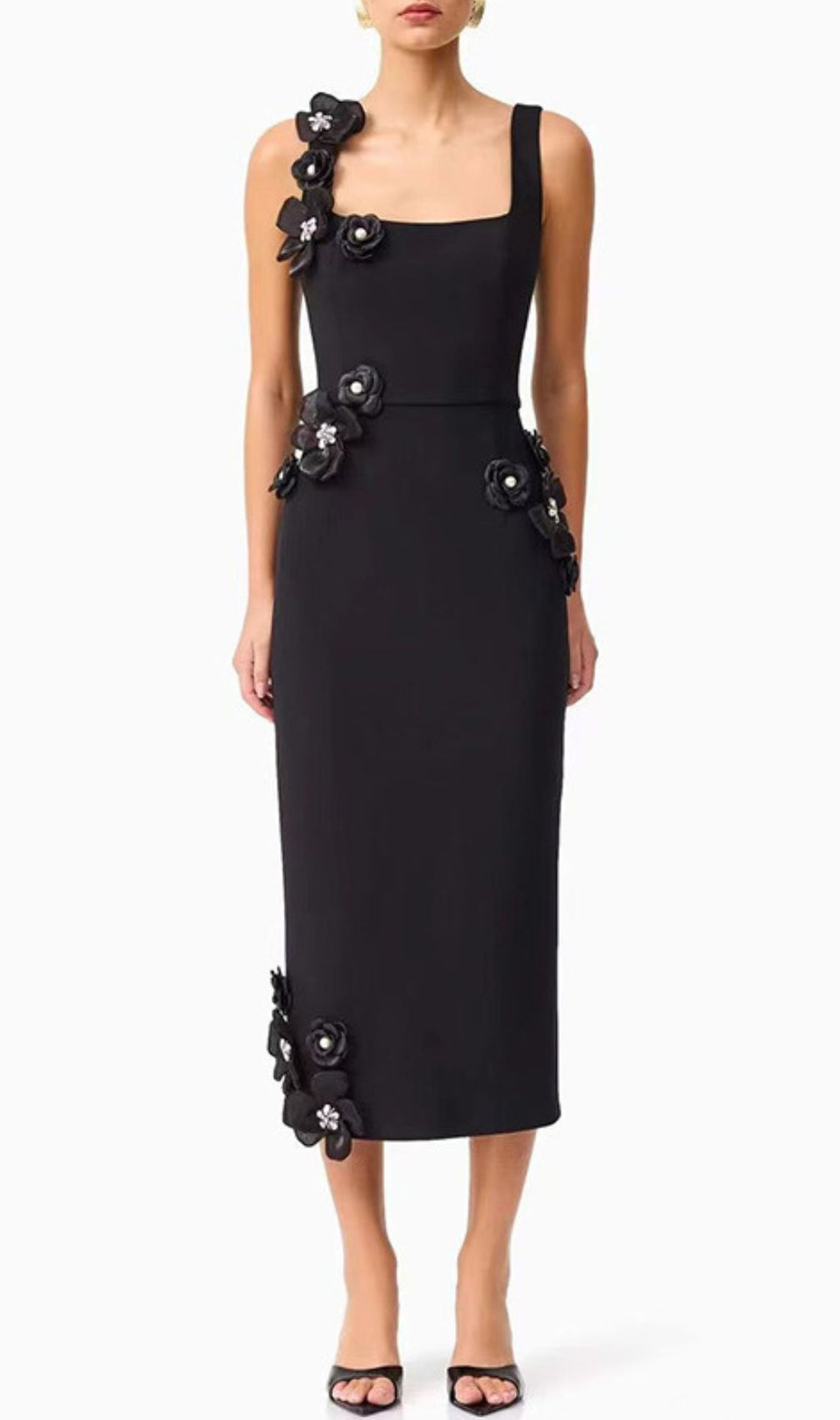Harper Black Flower Embellished Midi Dress