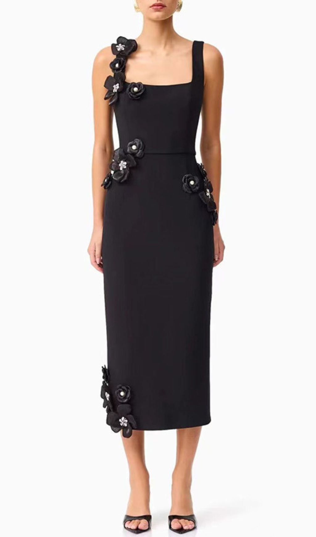 Harper Black Flower Embellished Midi Dress