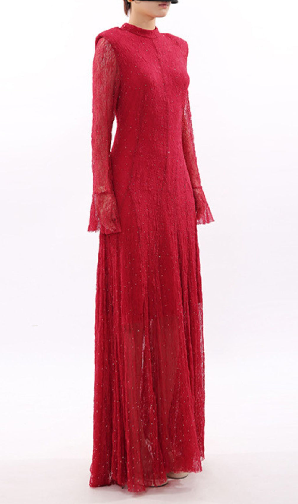 Stunning Ruby Red Sparkle Lace Maxi Dress - Long Sleeve Evening Gown