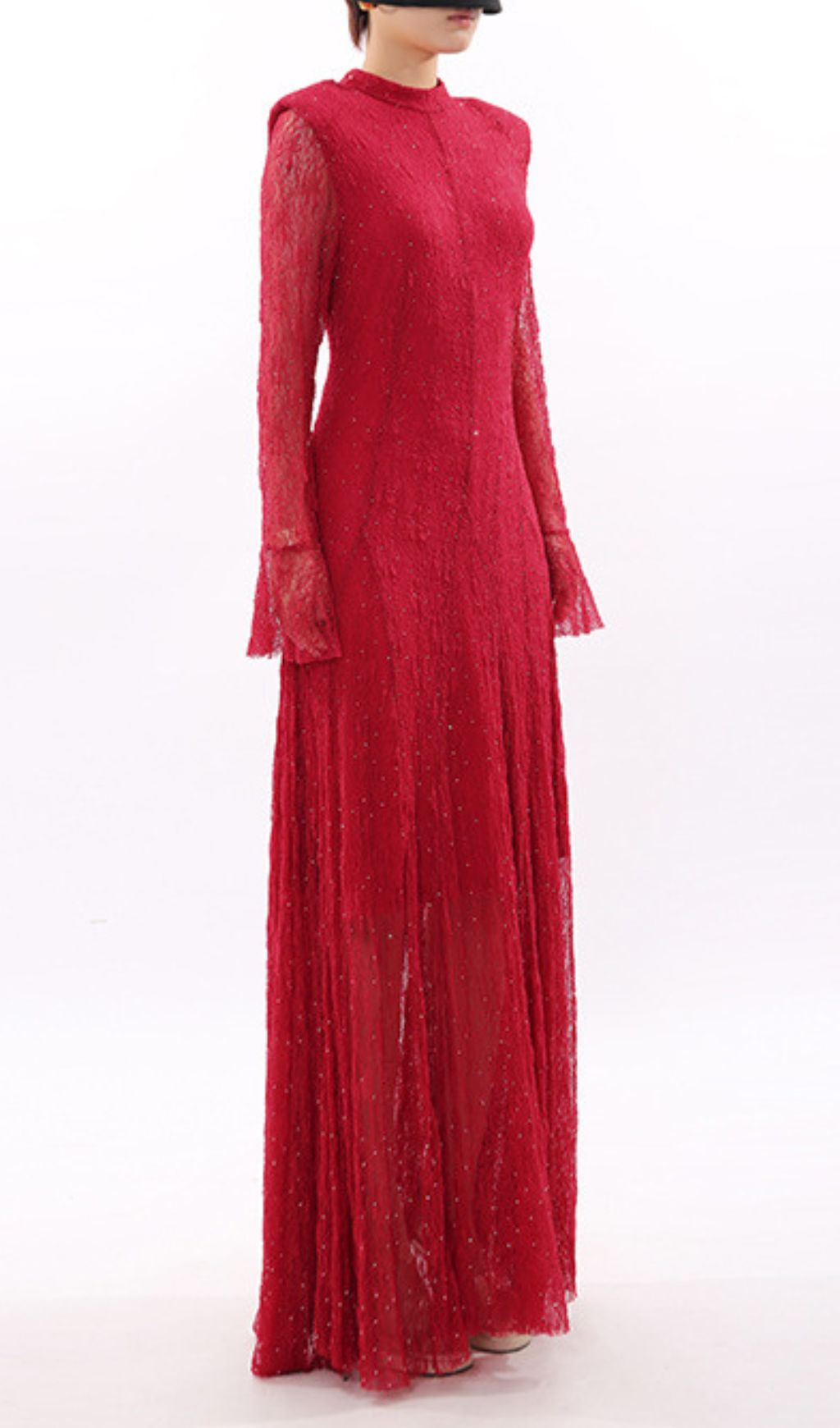 Stunning Ruby Red Sparkle Lace Maxi Dress - Long Sleeve Evening Gown