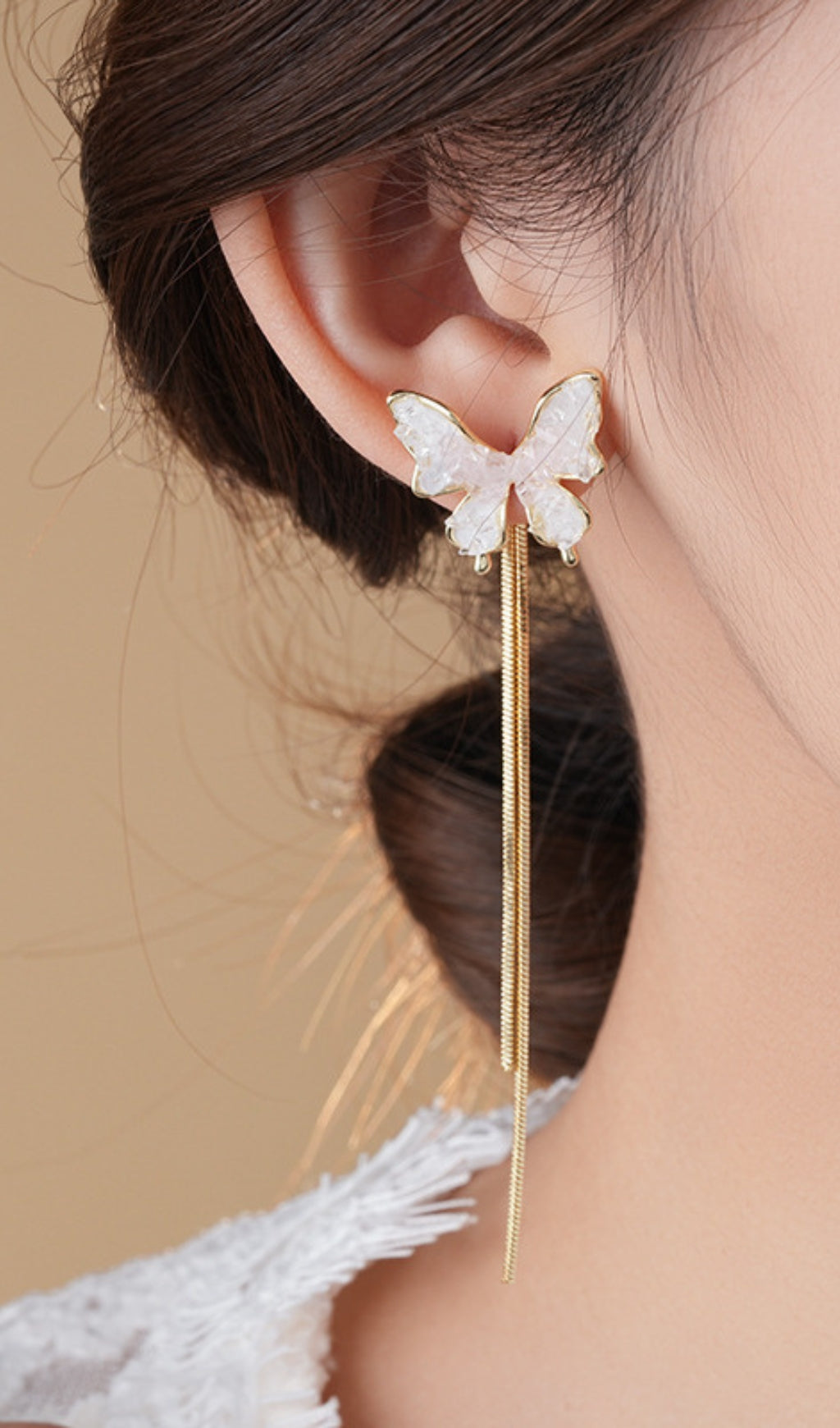 Whimsical Pink Butterfly Tassel Drop Earrings - Dainty Gold Chain Dangles for Women