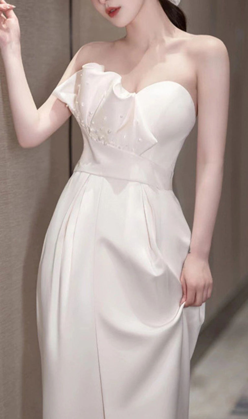 Aristotle Pearl Beaded Ruffle Gown