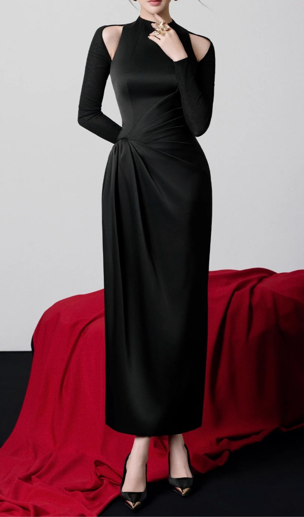 Kerryn Black Cold Shoulder Draped Maxi Dress | Elegant Long Sleeve Gown