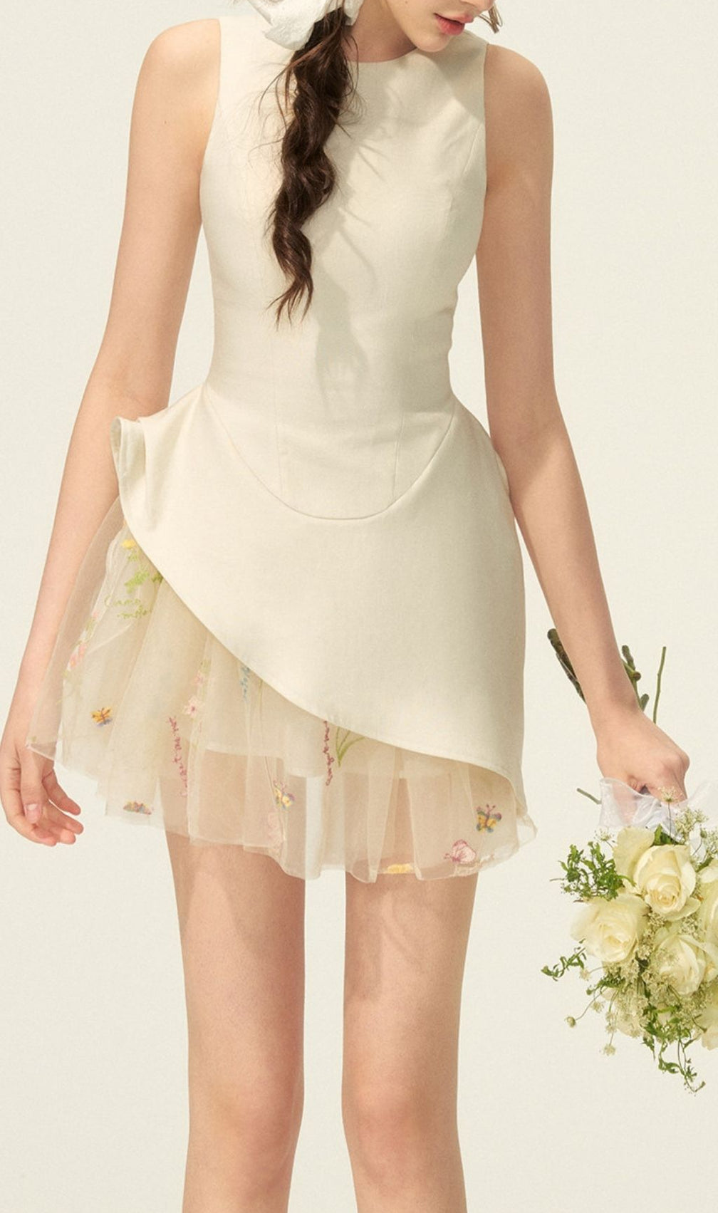 Keiandra Whimsical Floral Embroidered Peplum Mini Dress | Romantic Sleeveless Style