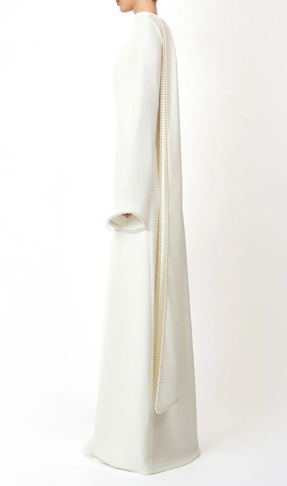 Hidi Shawl Pearl-Trimmed Maxi Dress | Elegant Long Sleeve White Gown