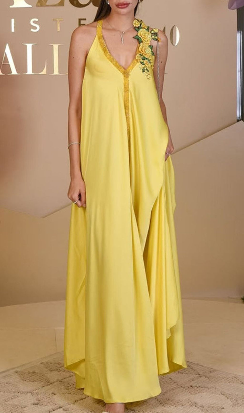 Inge Radiant Yellow Halter Maxi Dress with 3D Floral Appliques - Chic Flowy Gown
