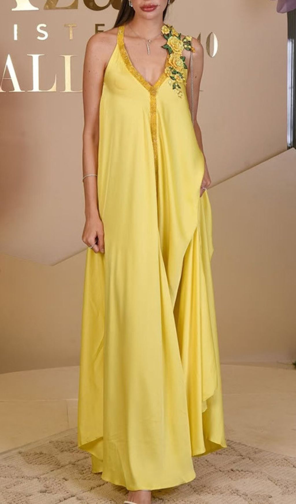 Inge Radiant Yellow Halter Maxi Dress with 3D Floral Appliques - Chic Flowy Gown