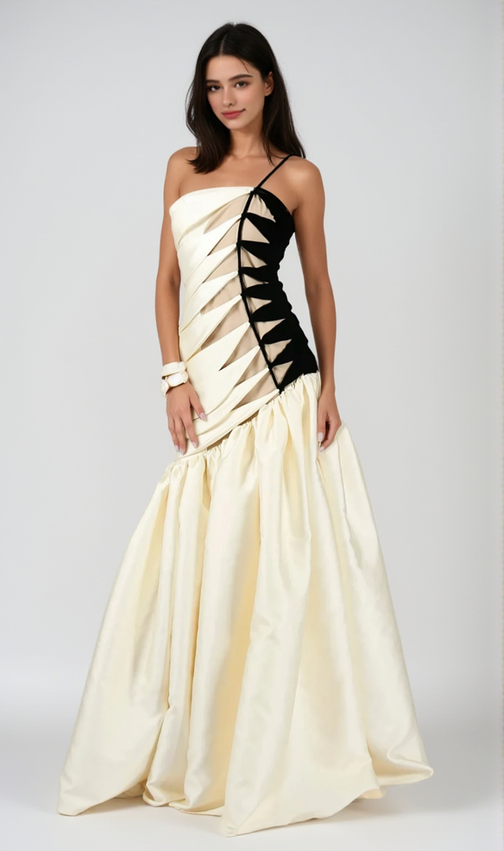 SARA Chic Black & White Satin Maxi Gown with Braided Side Detail - Elegant Evening Dress
