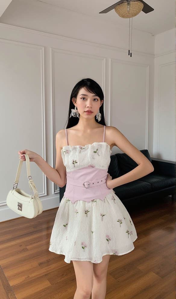 EMBROIDERED JACQUARD MINI DRESS IN WHITE
