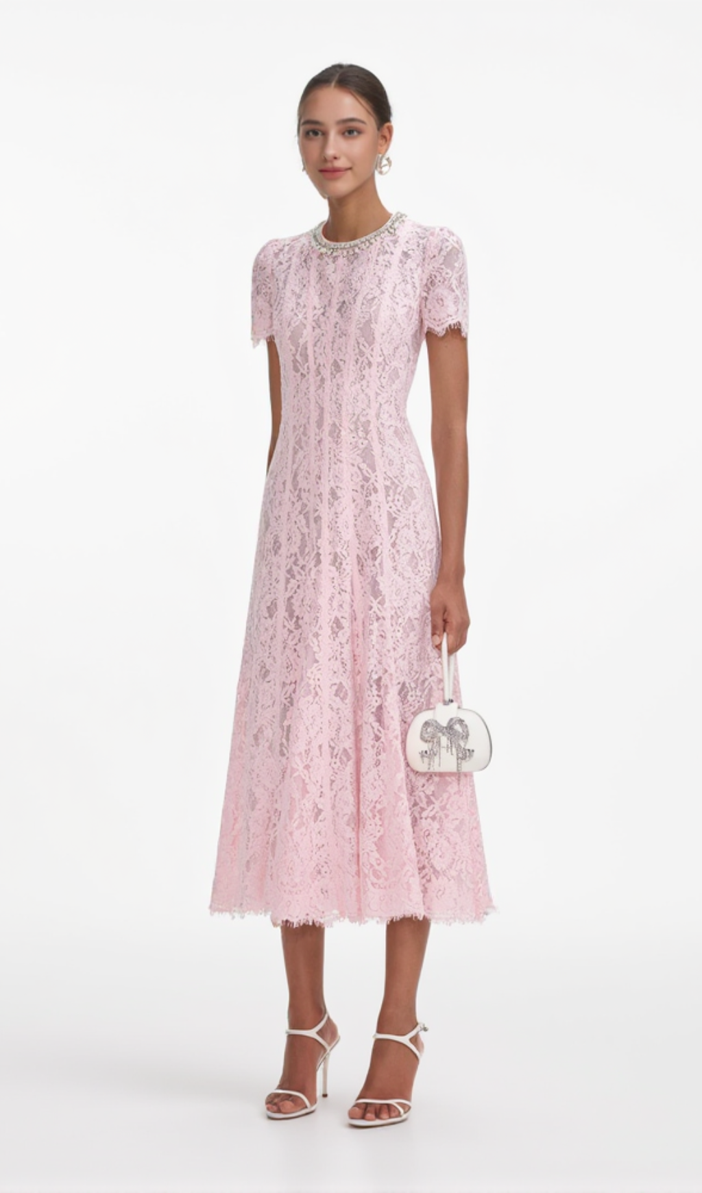 Sequin Floral Lace Midi Dress in pink