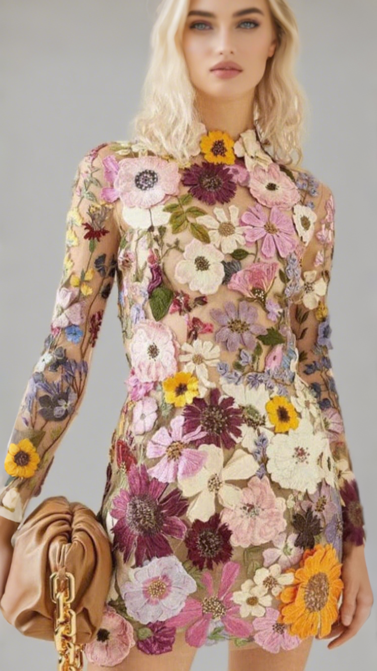 Embroidered Flower Long Sleeve Mini Dress
