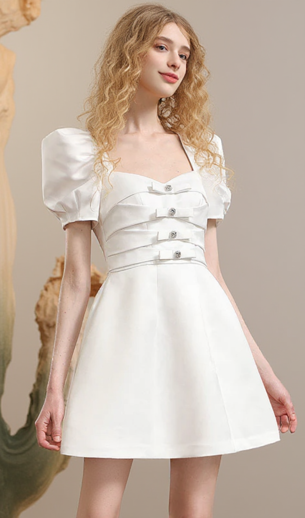 Ribbon Puff-sleeve Princess A-line Derss in white