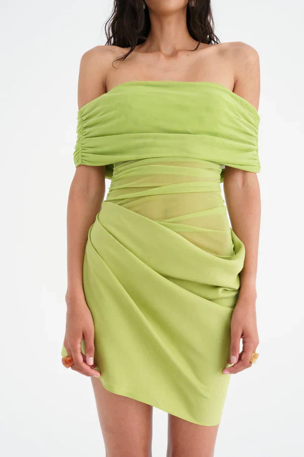 Off Shoulder Ruched Mesh Mini Dress in Green