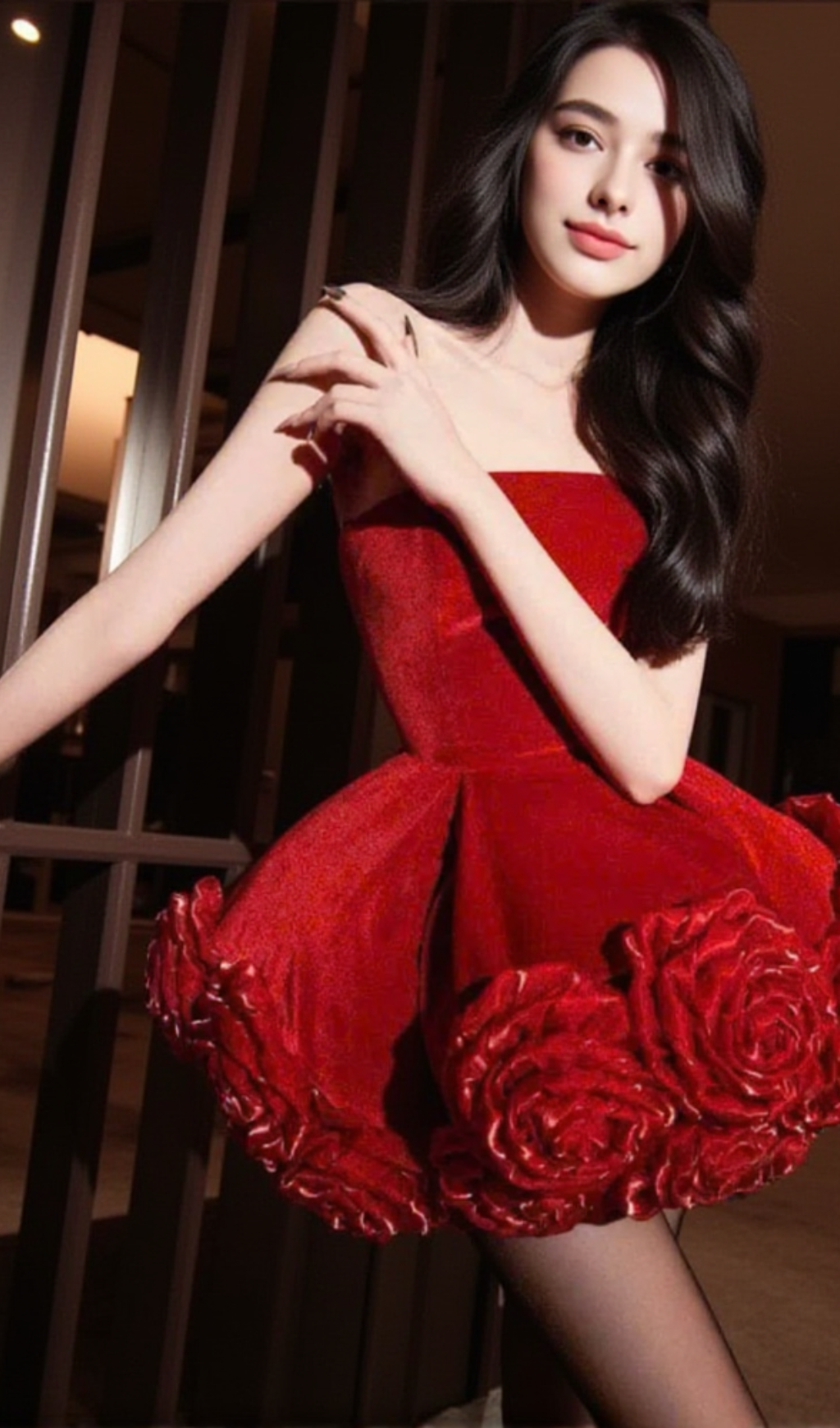 Sebast Flower Strapless Velvet Mini Dress in Red