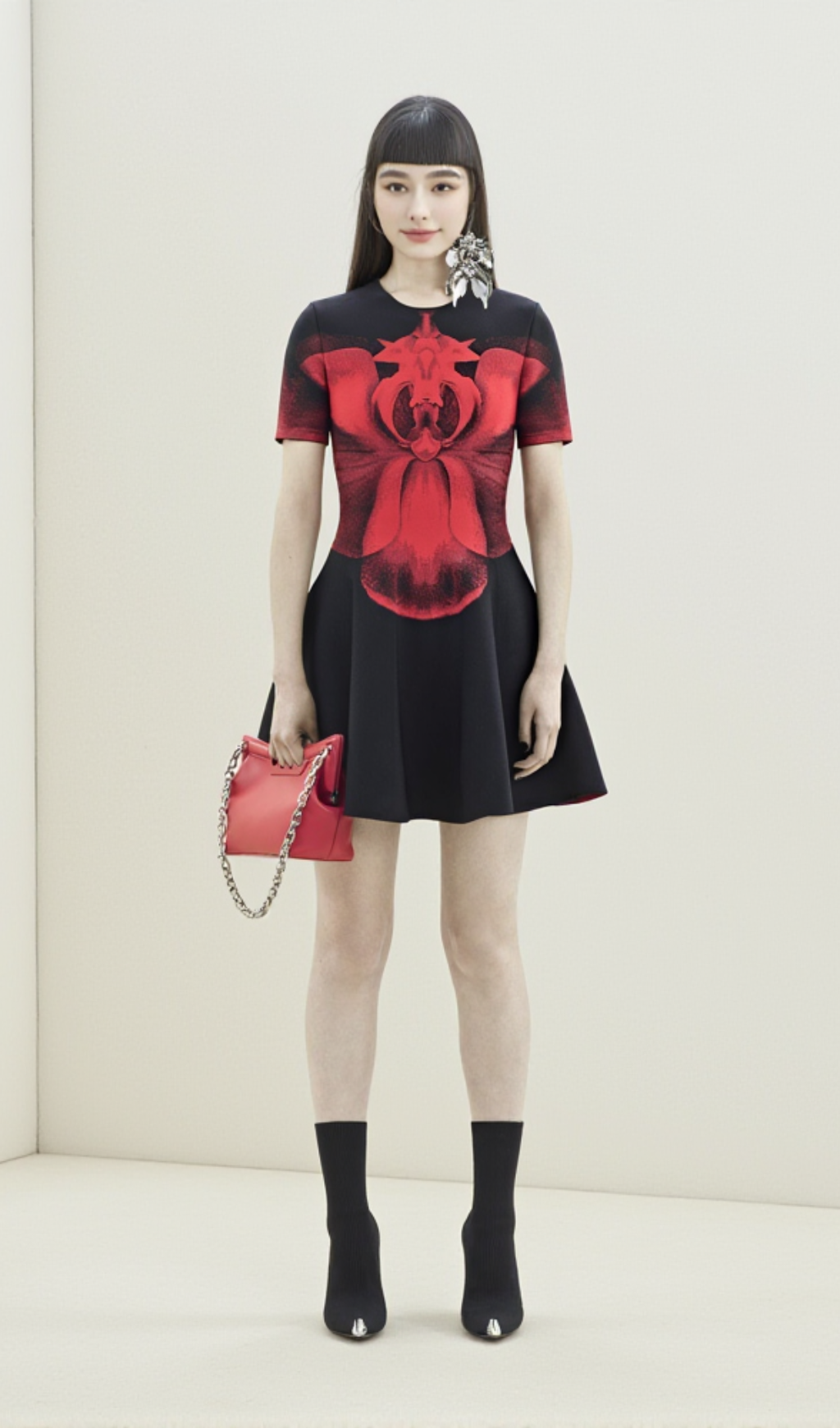Jacquard-knit mini dress in black