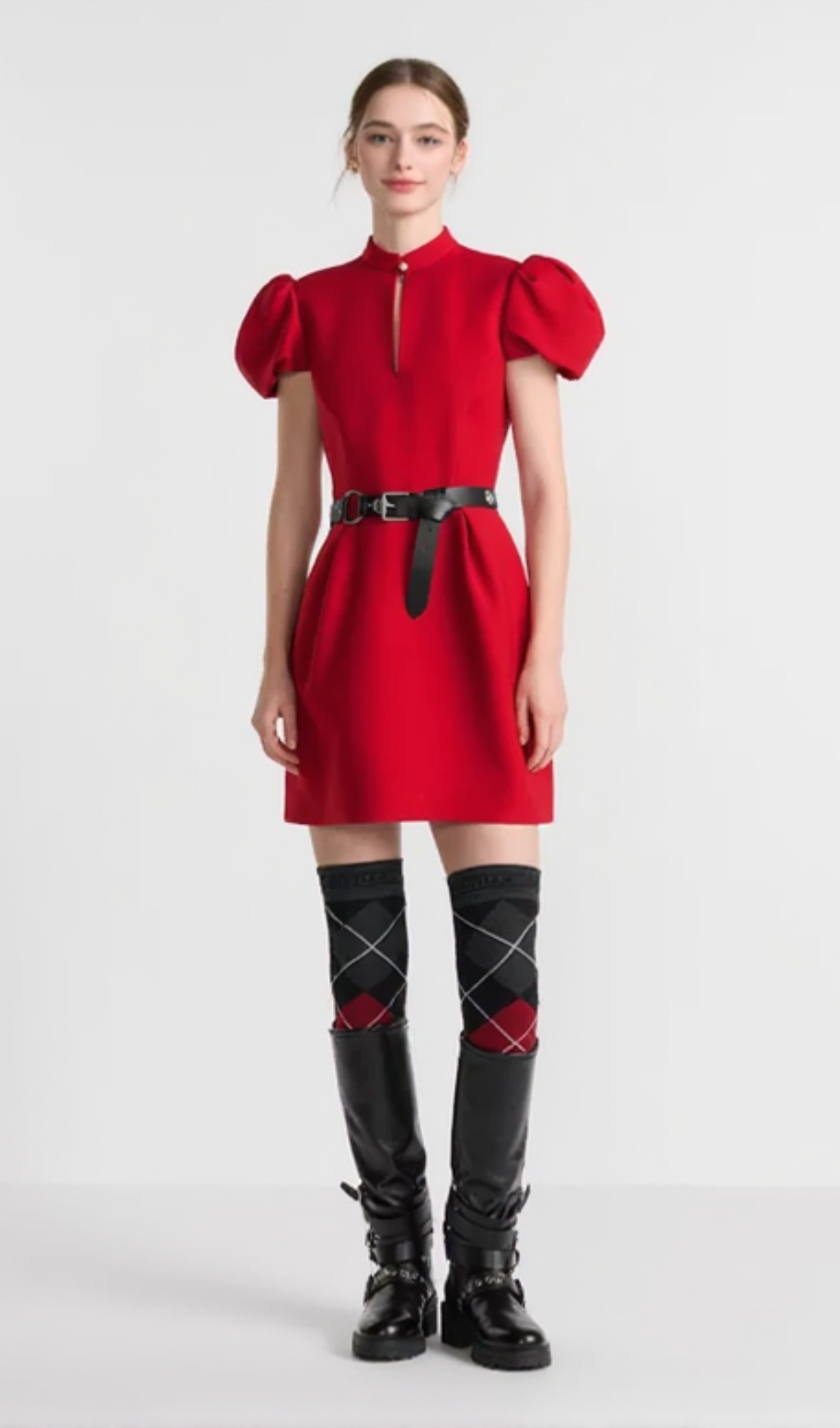 puff sleeve pleated mini dress in red (without black belt)