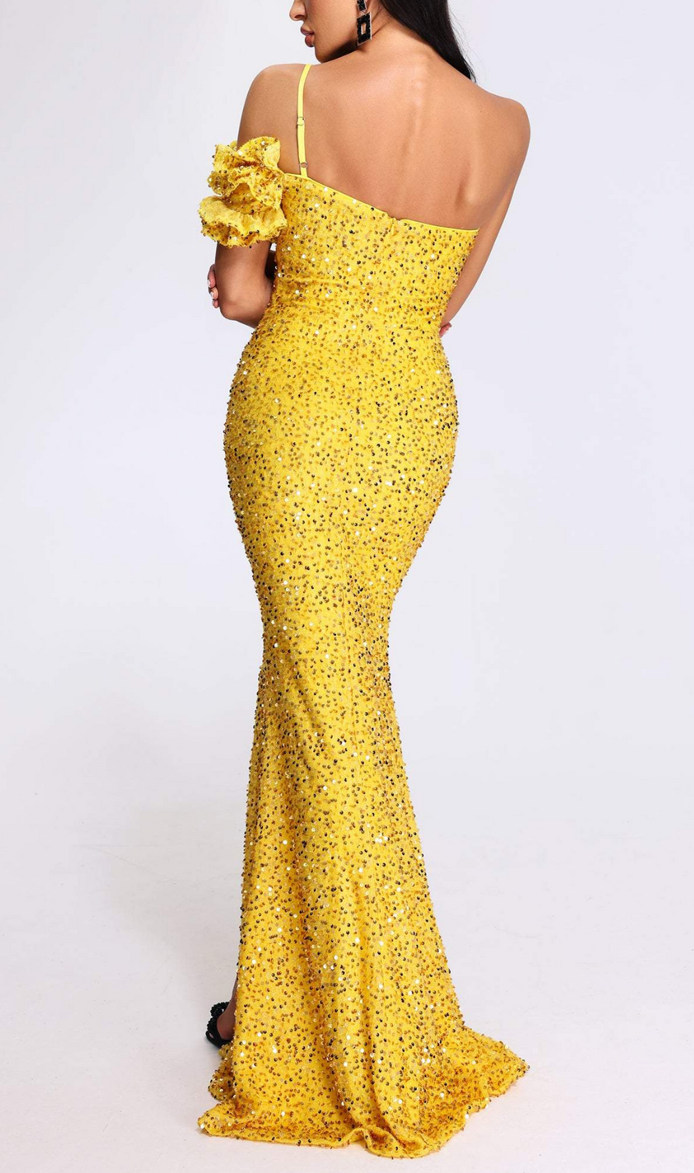 Ayn Yellow Sequined Slit Maxi Dress