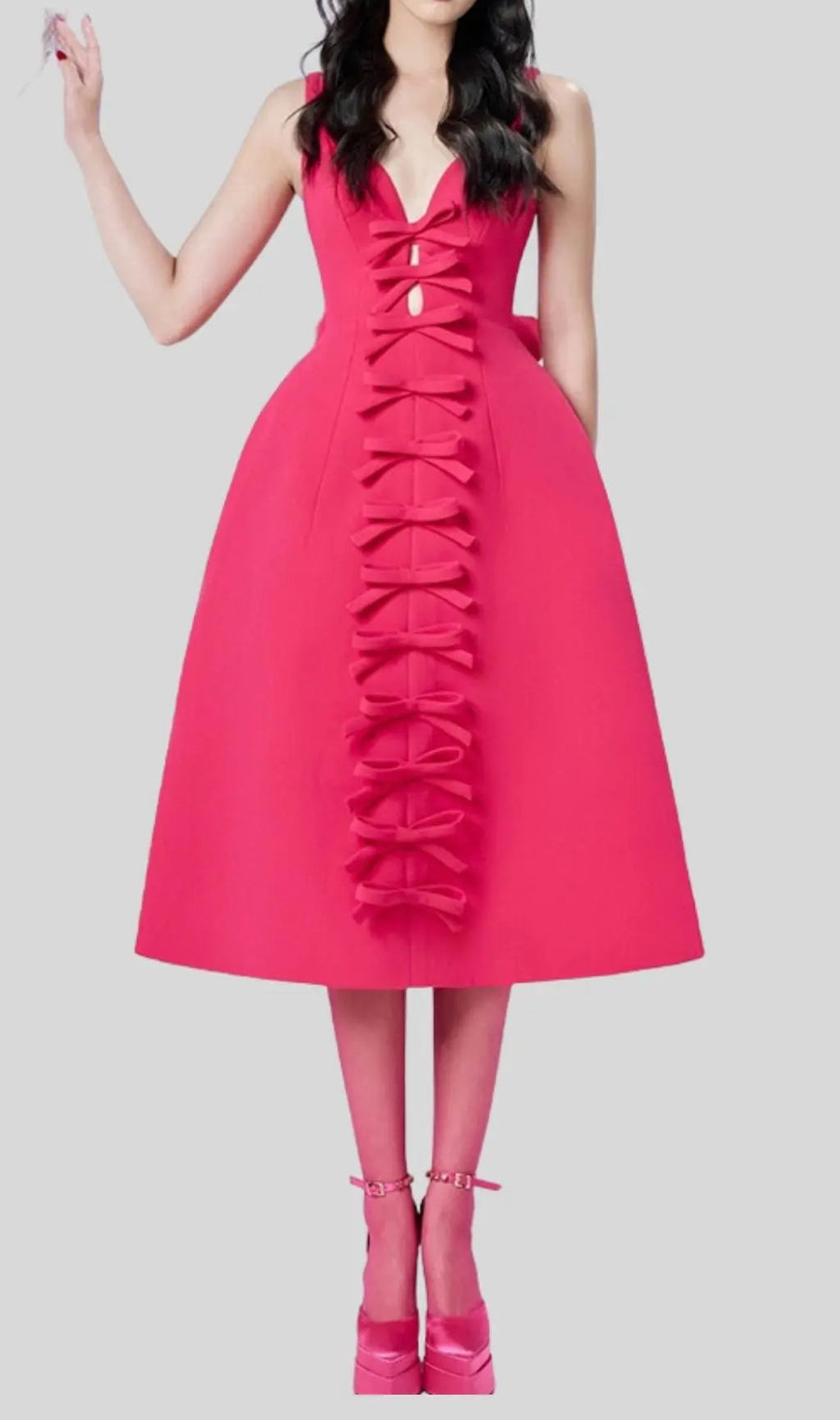 Pink Bowknot Strappy Midi Dress