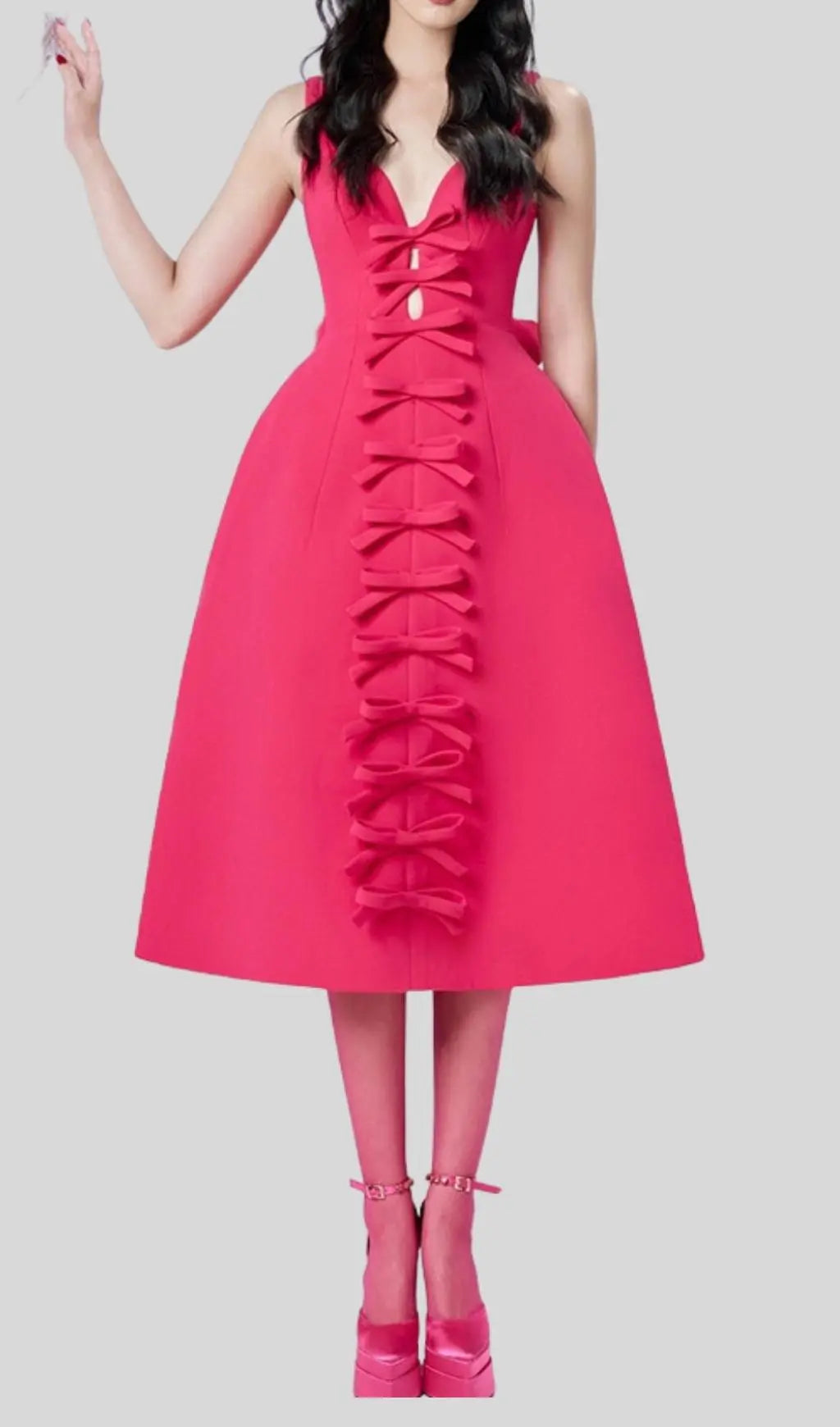 Pink Bowknot Strappy Midi Dress