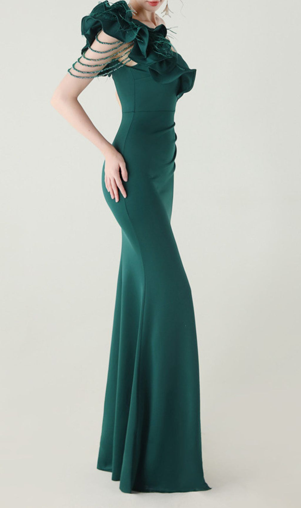 Ijlal Emerald Green One-Shoulder Ruffle Slit Maxi Gown - Elegant Formal Dress