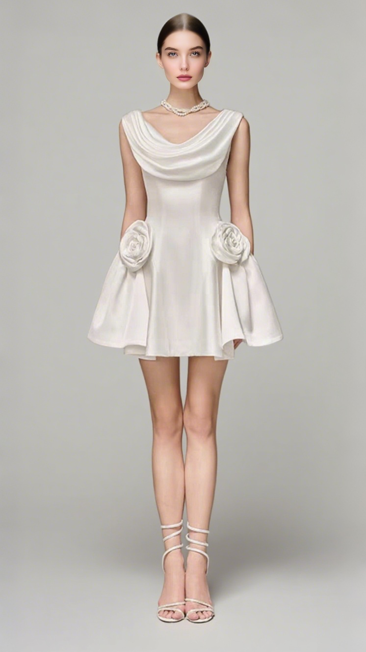 3d flower Pleated Sleeveless Mini Dress