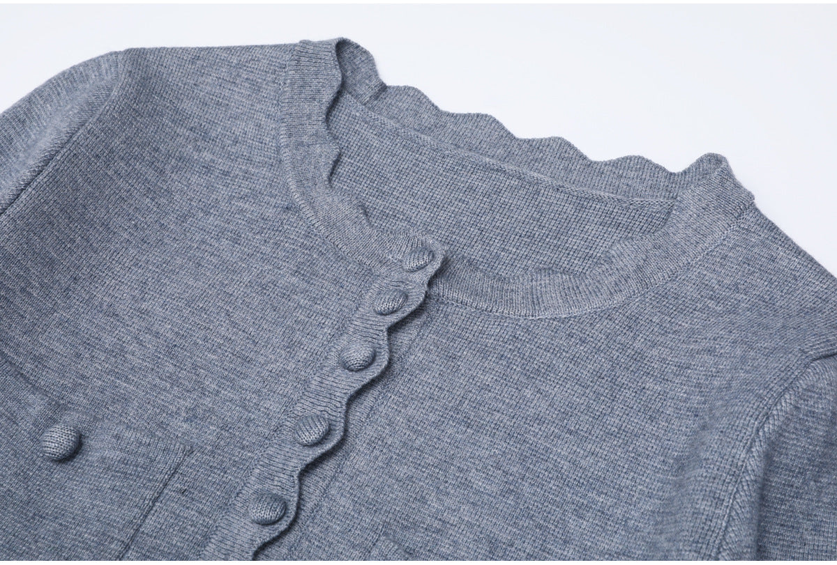 Kartier Slate Grey Knit Mini Dress with Pockets & Scalloped Neckline