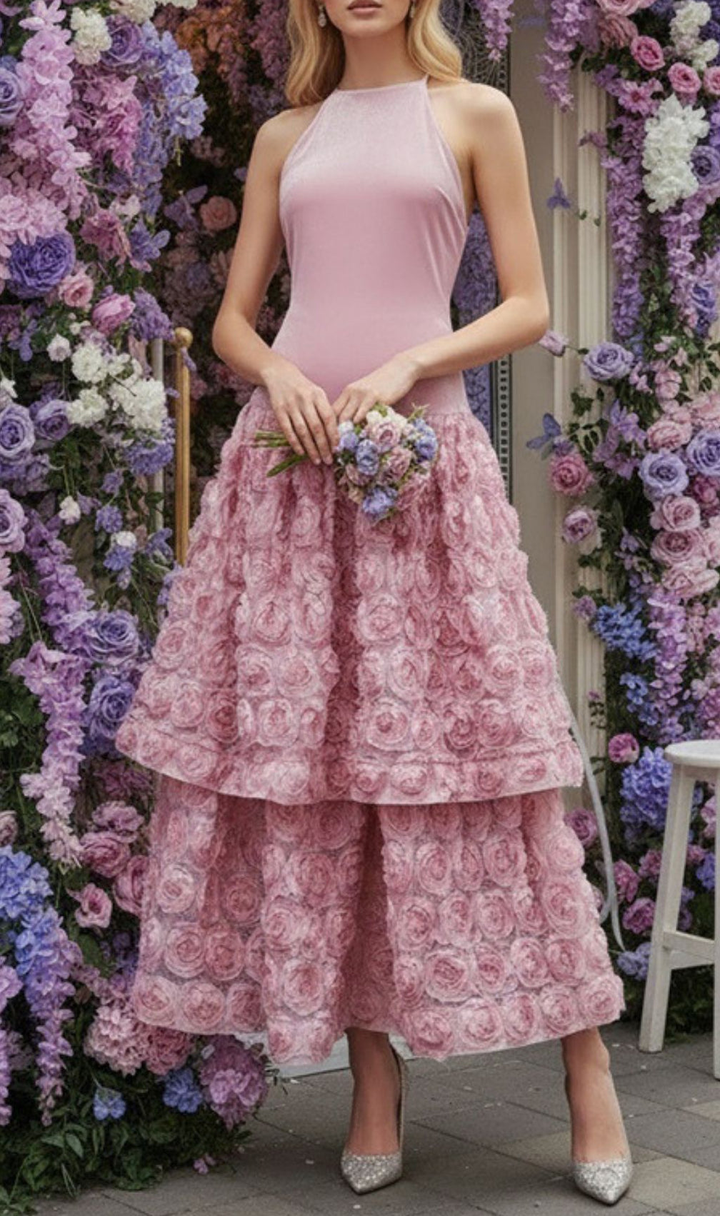 Jonila Romantic Pink Halter Midi Dress with Tiered 3D Rose Appliqué Skirt