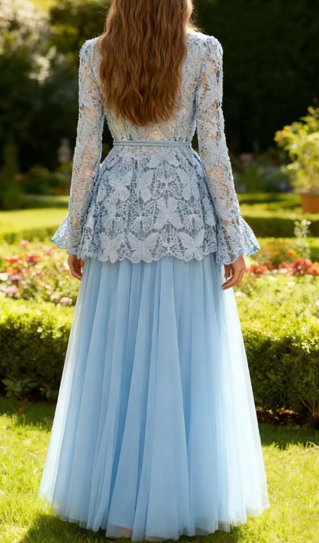 Enchanting Butterfly Lace Long Sleeve Two-Piece Maxi Gown Set