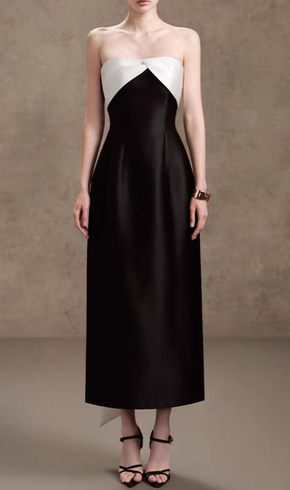 Hamlet Black Strapless Midi Dress | Elegant Contrast Twist-Bow Bodice
