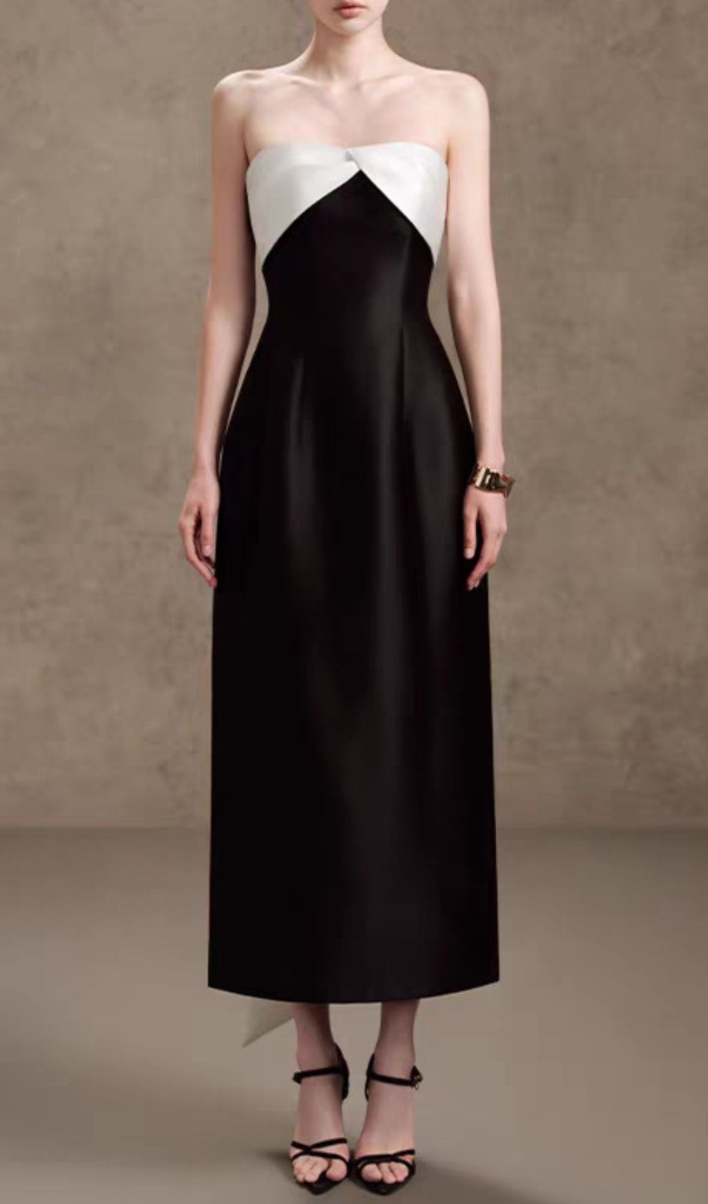 Hamlet Black Strapless Midi Dress | Elegant Contrast Twist-Bow Bodice