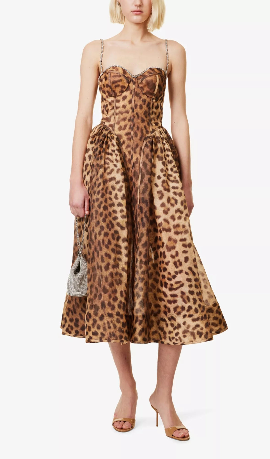 Animal Print Crystal Bustier A Line Midi Dress