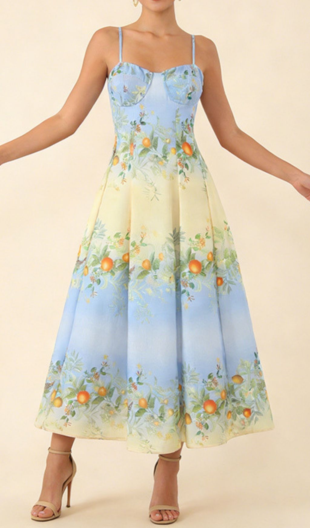 Kevina Sweetheart Ombre Floral & Orange Print Midi Dress