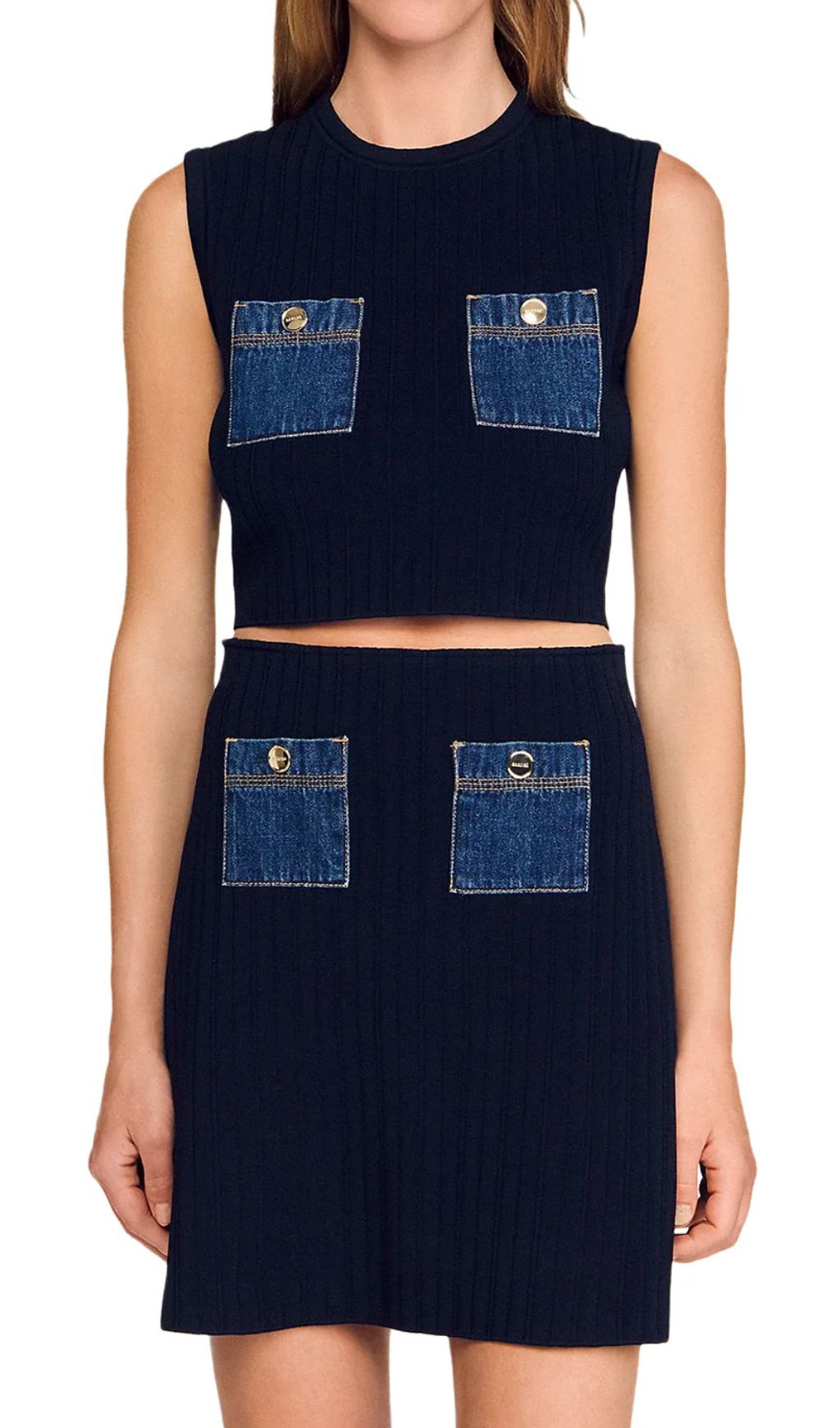 Chic Knit Ribbed Crop Top & Denim Pocket Mini Skirt Set