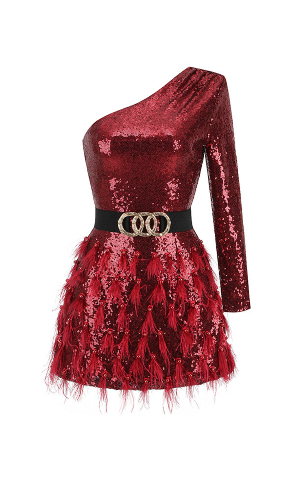 Akanksha Red Sequin & Feather One-Shoulder Mini Dress | Party & Cocktail