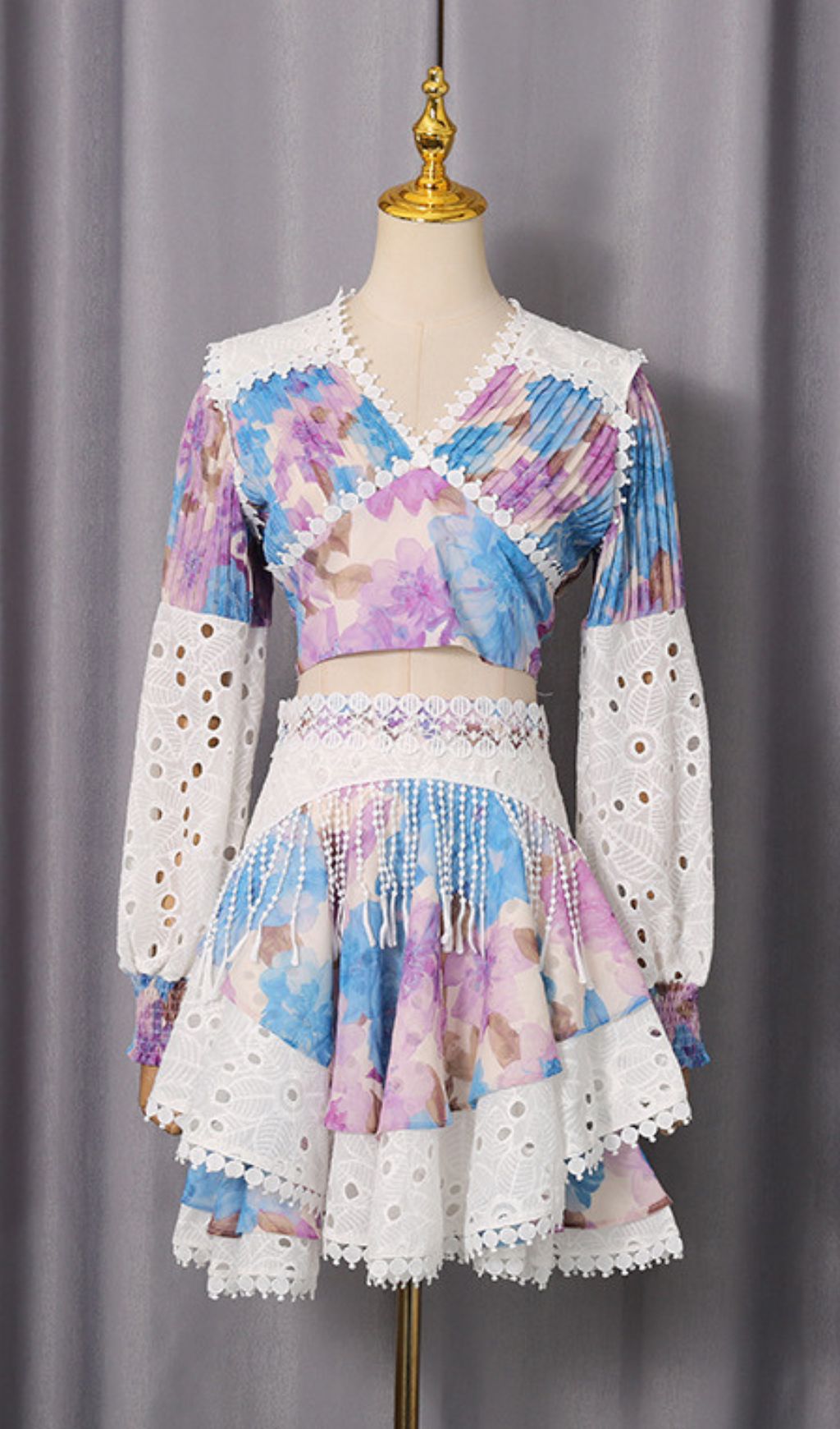 Ilknur Boho Chic Floral Crop Top & Eyelet Lace Mini Skirt Two-Piece Set