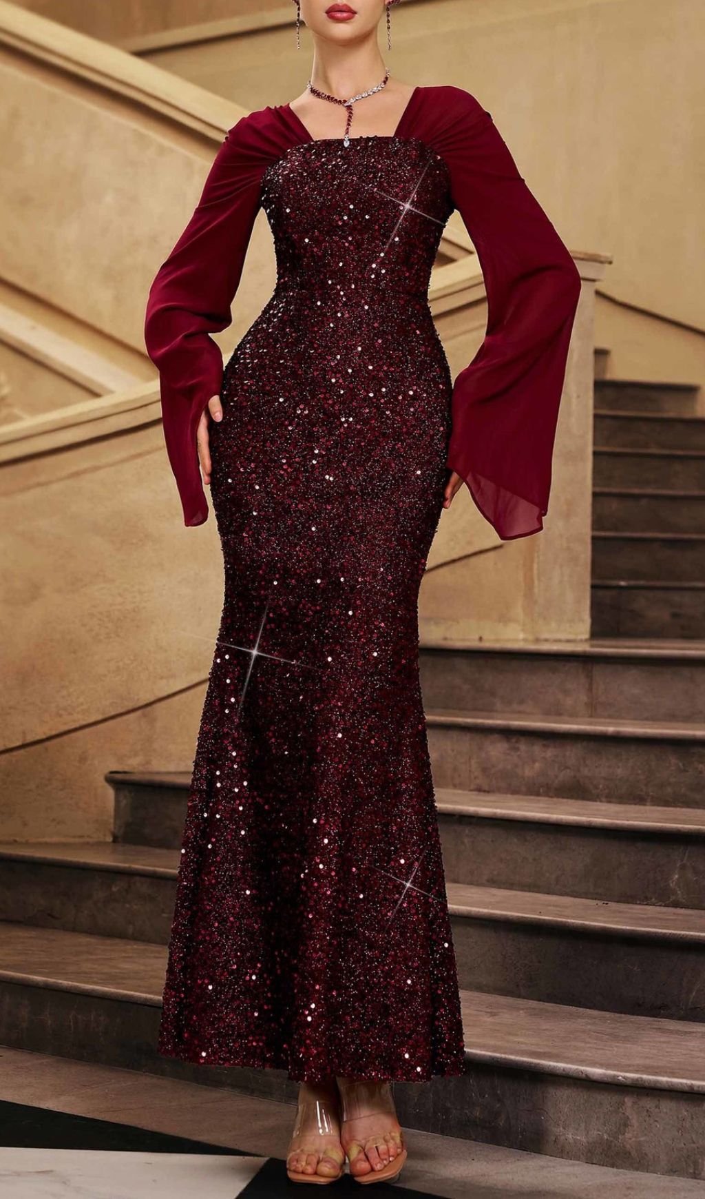 Honovi Wine Sequin Long Sleeve Maxi Dress