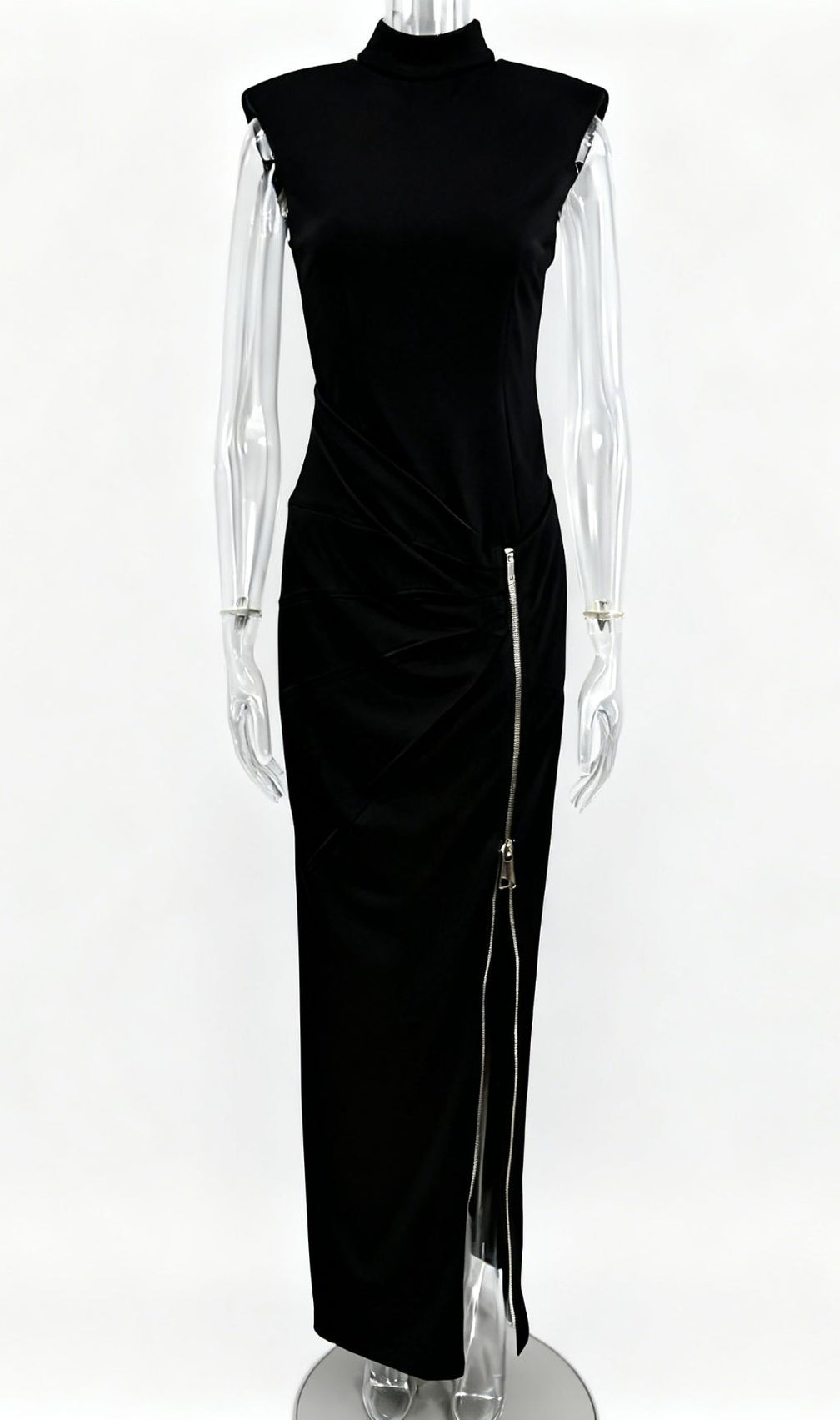 Jendayi Black Zipper Slit Maxi Dress - Edgy Elegance for Women