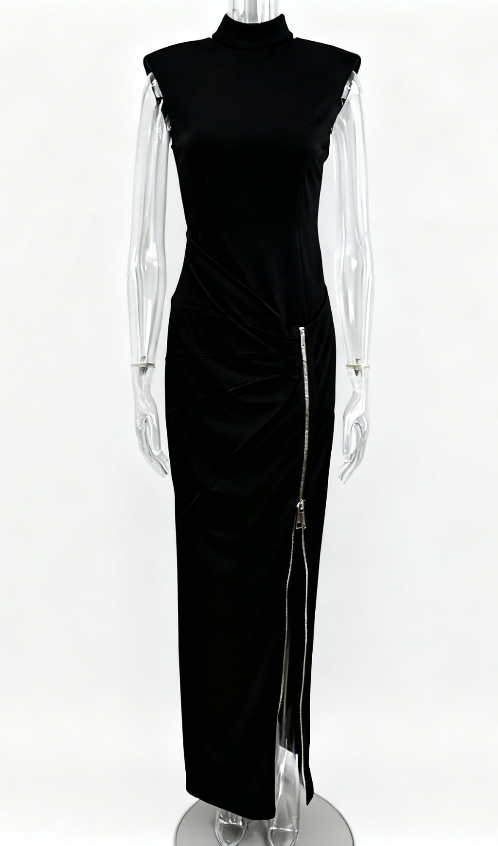 Jendayi Black Zipper Slit Maxi Dress - Edgy Elegance for Women