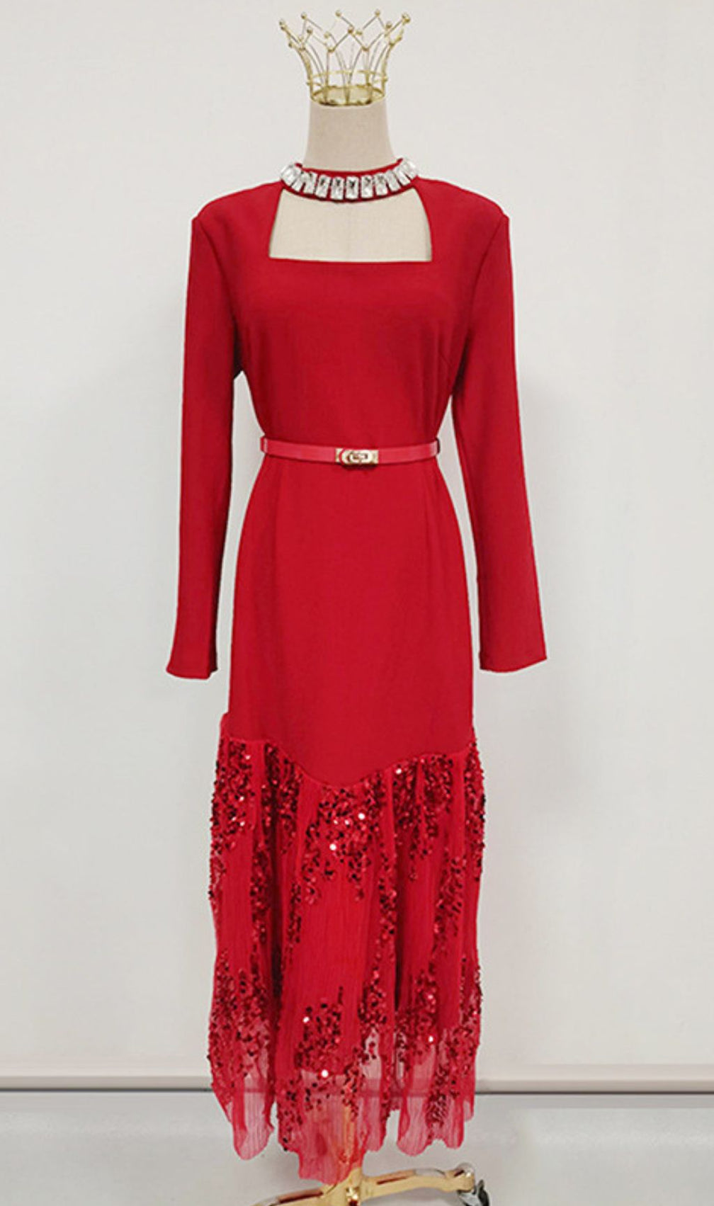 Ioana Glamorous Red Sequin Long Sleeve Maxi Dress - Elegant Square Neck Evening Gown